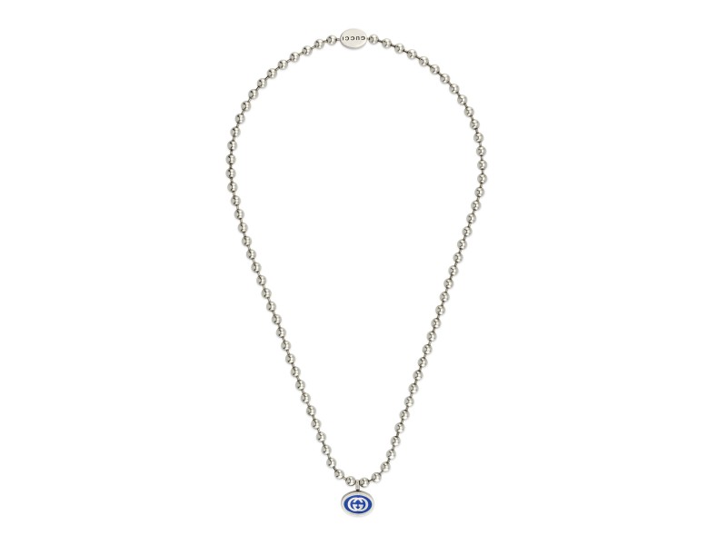 Gucci Interlocking G Necklace in Silver with Blue Enamelled Boule Chain