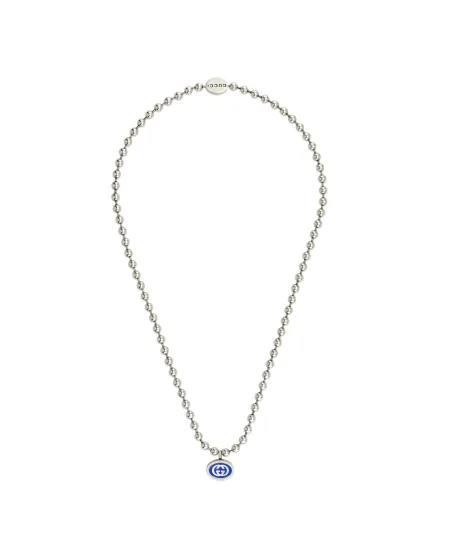 Collier Gucci entrelacé G en argent avec chaîne boule émaillée bleue
