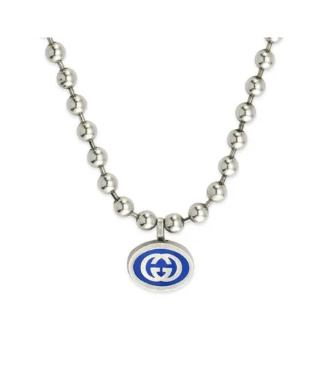 Collier Gucci entrelacé G en argent avec chaîne boule émaillée bleue