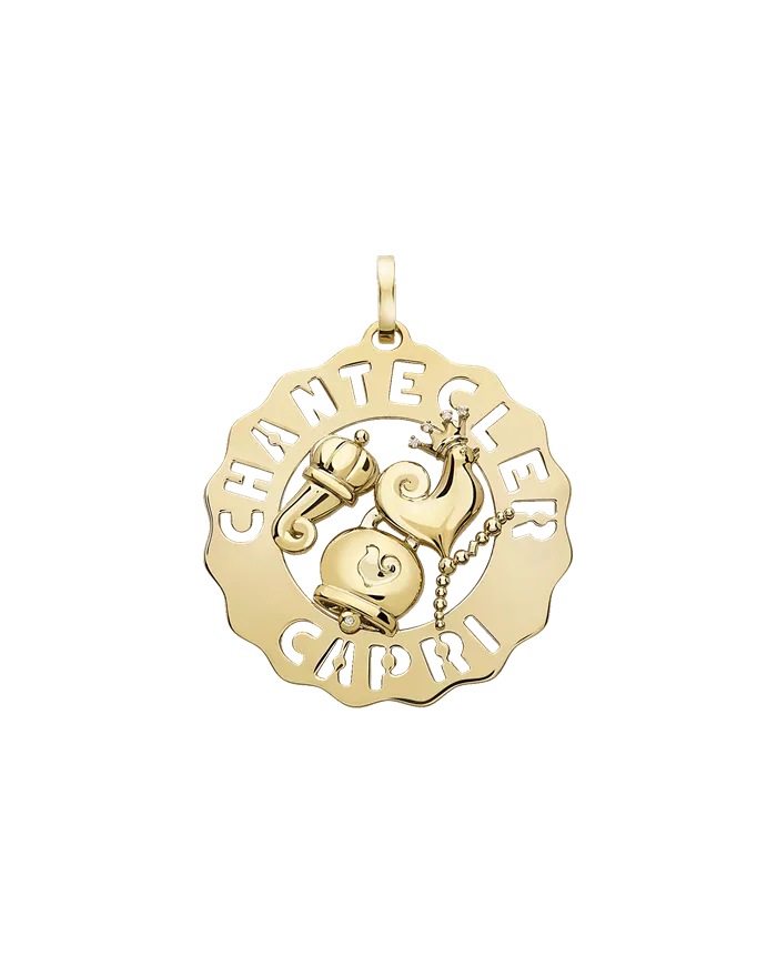 Chantecler Large Logo Pendant in Yellow Gold with Rooster, Bell and Horn