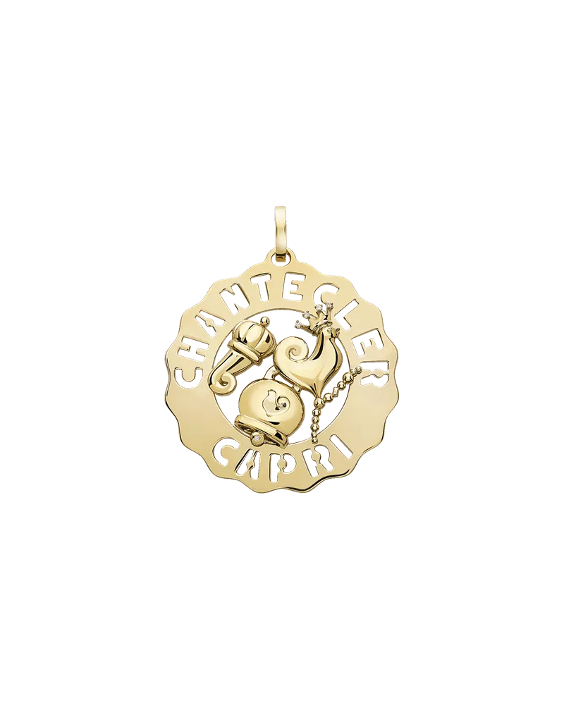 Chantecler Large Logo Pendant in Yellow Gold with Rooster, Bell and Horn