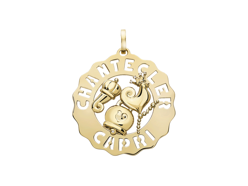Ciondolo Chantecler Logo Grande in Oro Giallo con Gallo, Campanella e Cornetto