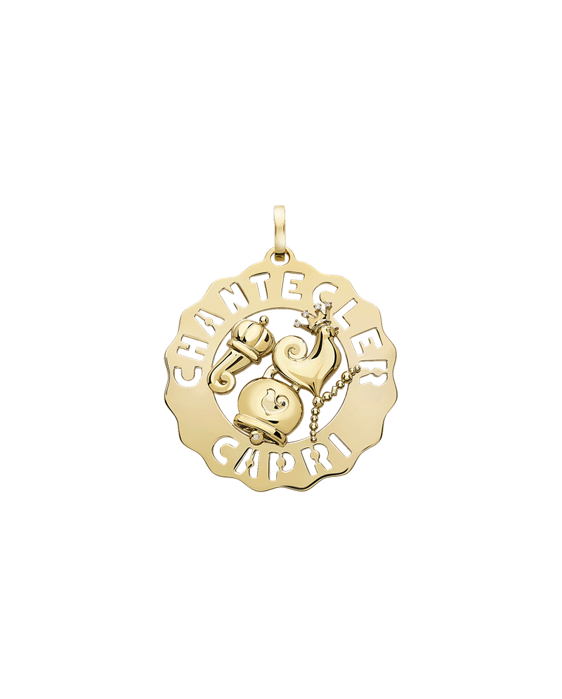 Ciondolo Chantecler Logo Grande in Oro Giallo con Gallo, Campanella e Cornetto