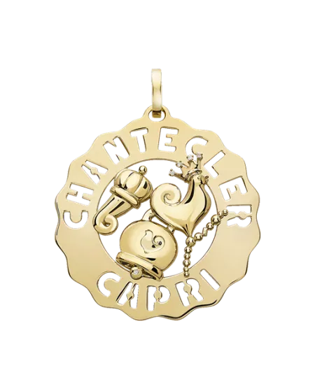 Chantecler Large Logo Pendant in Yellow Gold with Rooster, Bell and Horn