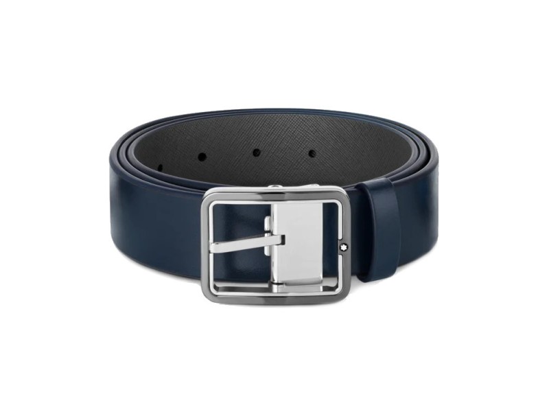 Reversible Montblanc Belt in Blue/Grey Leather with Rectangular Closure