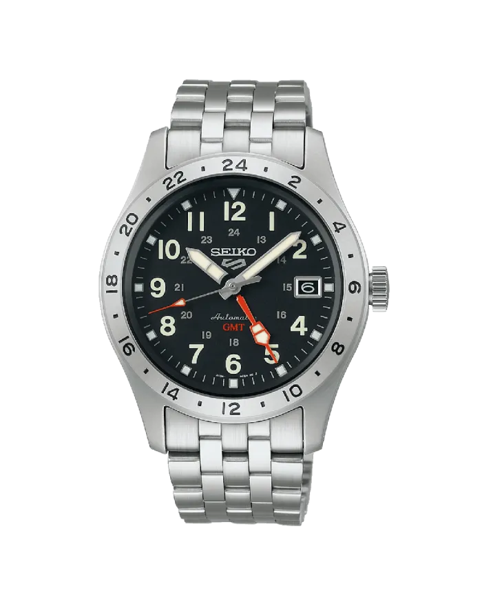 Orologio Seiko 5 GMT Quadrante Nero Cinturino Acciaio