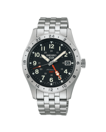 Seiko 5 GMT Watch Black Dial Steel Strap