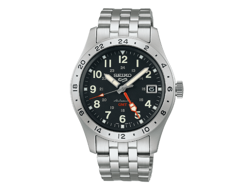 Seiko 5 GMT Watch Black Dial Steel Strap