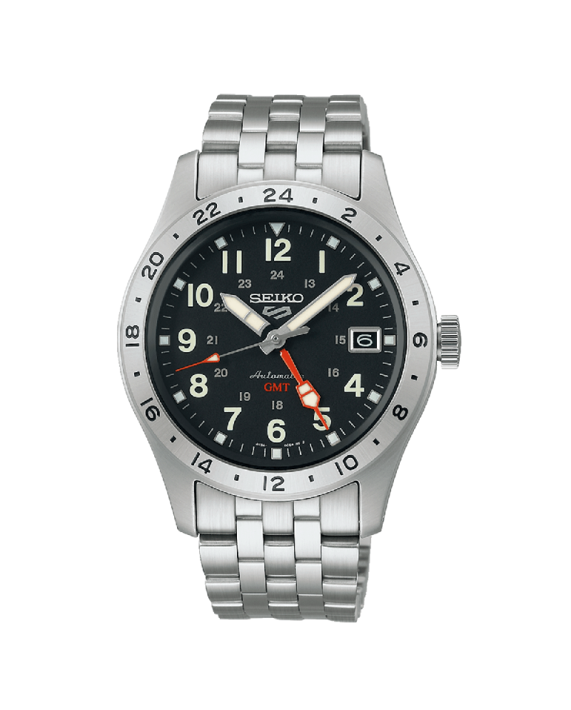 Seiko 5 GMT Watch Black Dial Steel Strap