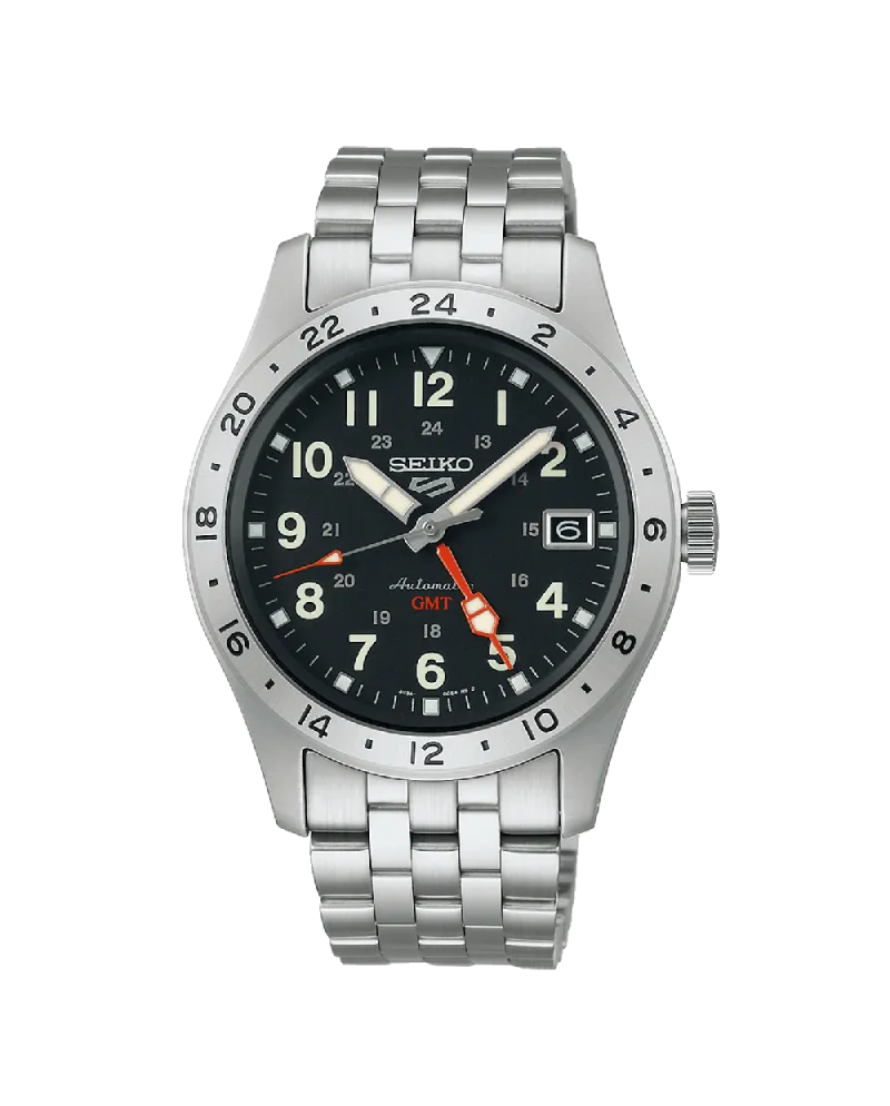 Seiko 5 GMT Watch Black Dial Steel Strap