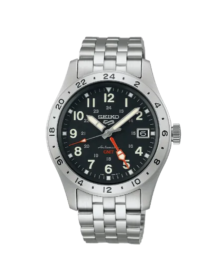 Seiko 5 GMT Watch Black Dial Steel Strap