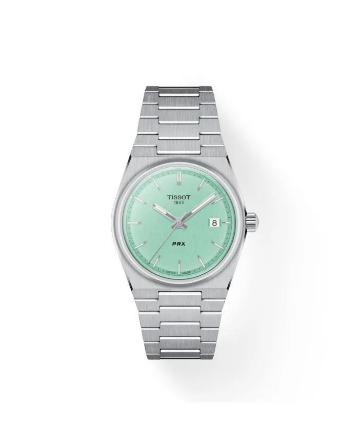 Tissot PRX watch with light green dial and 35 mm steel bracelet