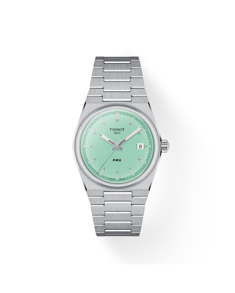 Tissot PRX watch with light green dial and 35 mm steel bracelet