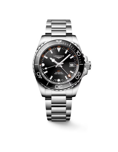 Longines HydroConquest GMT watch with black dial and steel strap
