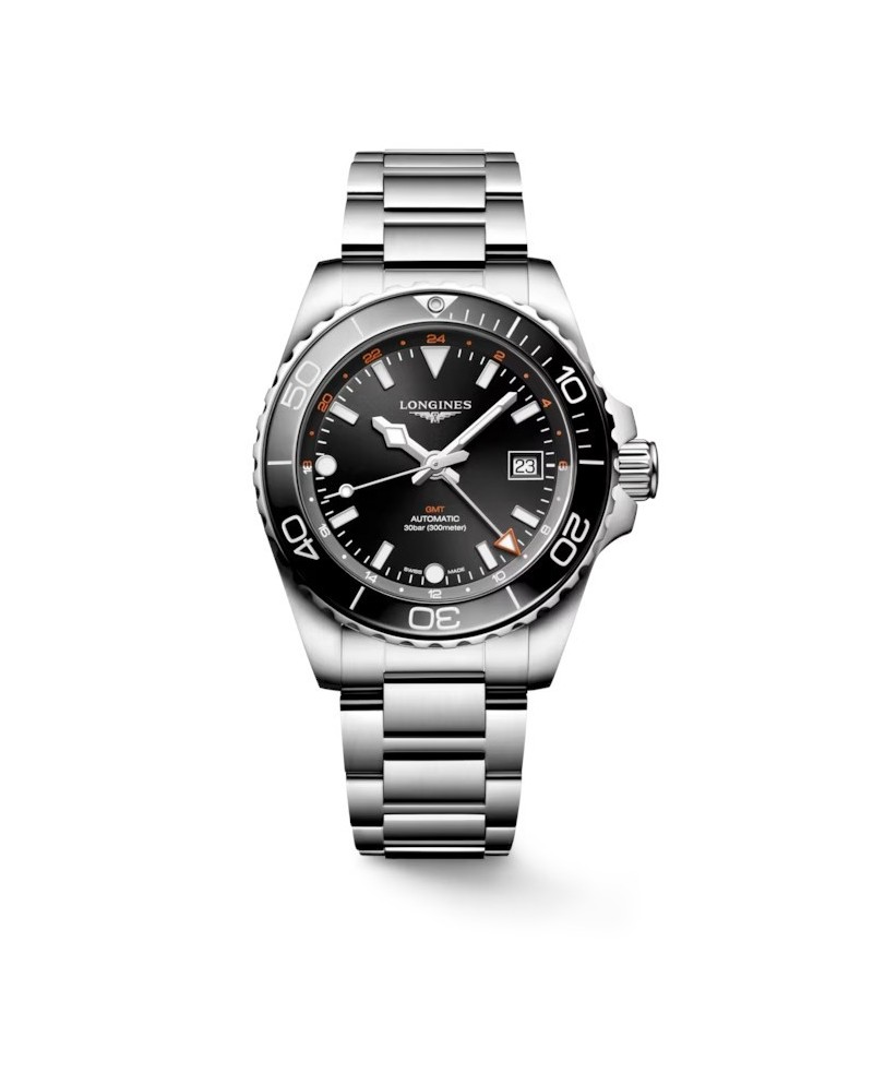 Montre Longines HydroConquest GMT avec cadran noir et bracelet en acier
