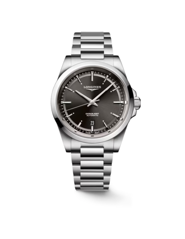 Longines Conquest watch with black dial and 41 mm steel strap