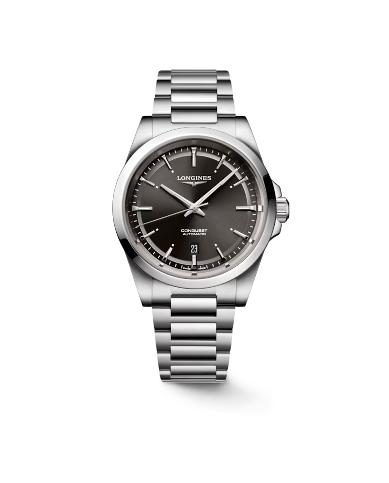 Longines Conquest watch with black dial and 41 mm steel strap