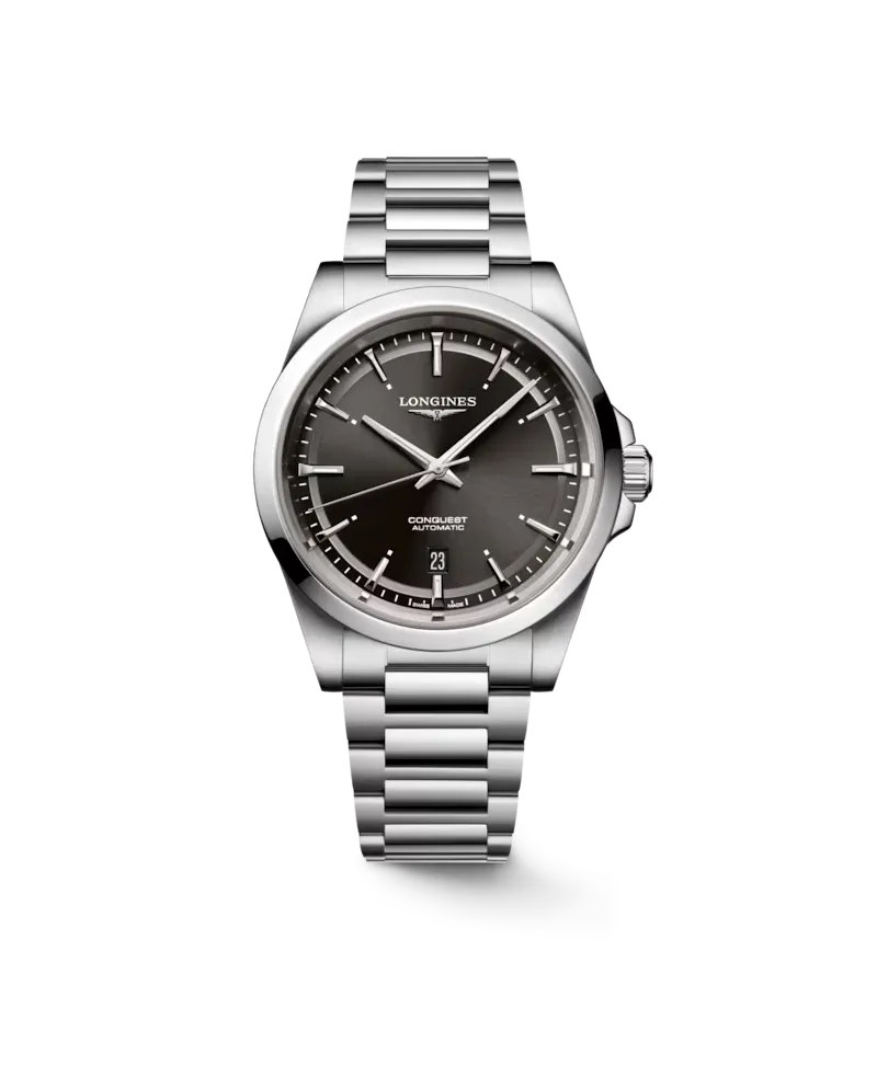 Longines Conquest watch with black dial and 41 mm steel strap
