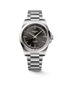 Longines Conquest watch with black dial and 41 mm steel strap