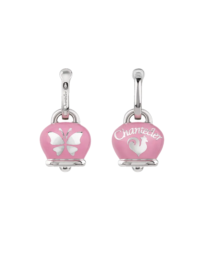 Chantecler Et Voilà Medium Earrings with Bell in Silver, Pink Enamel and Butterflies