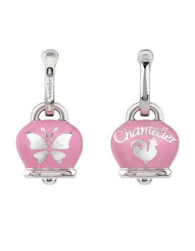 Chantecler Et Voilà Medium Earrings with Bell in Silver, Pink Enamel and Butterflies