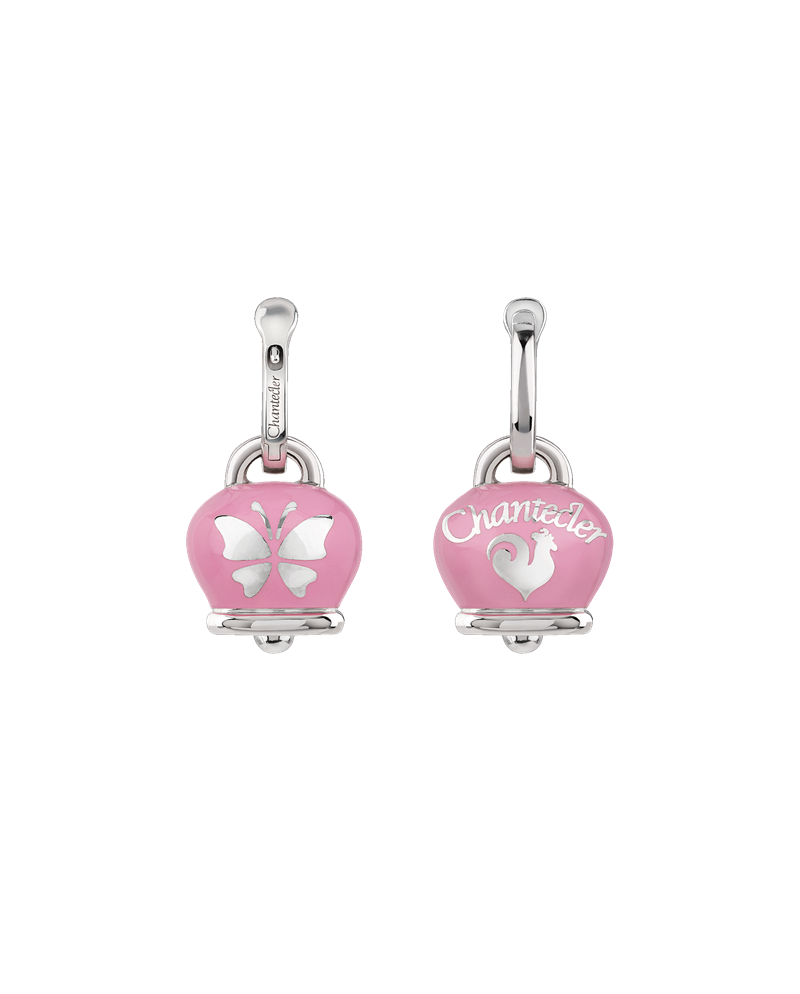 Chantecler Et Voilà Medium Earrings with Bell in Silver, Pink Enamel and Butterflies