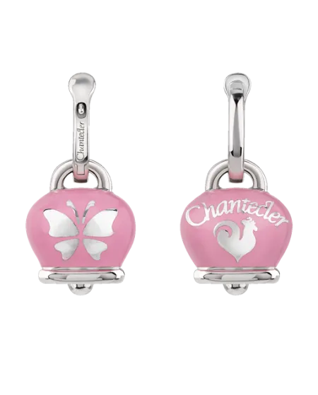 Orecchini Chantecler Et Voilà Medi con Campanella in Argento, Smalto Rosa e Farfalle