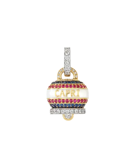 Pendentif Capriness Chantecler moyen avec cloche en or, diamants, rubis et saphirs