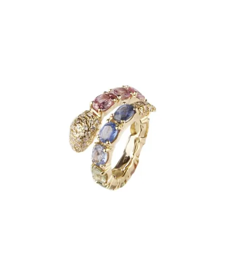 Bague Malafimmina en or jaune avec diamants, saphirs de couleur et motif serpent