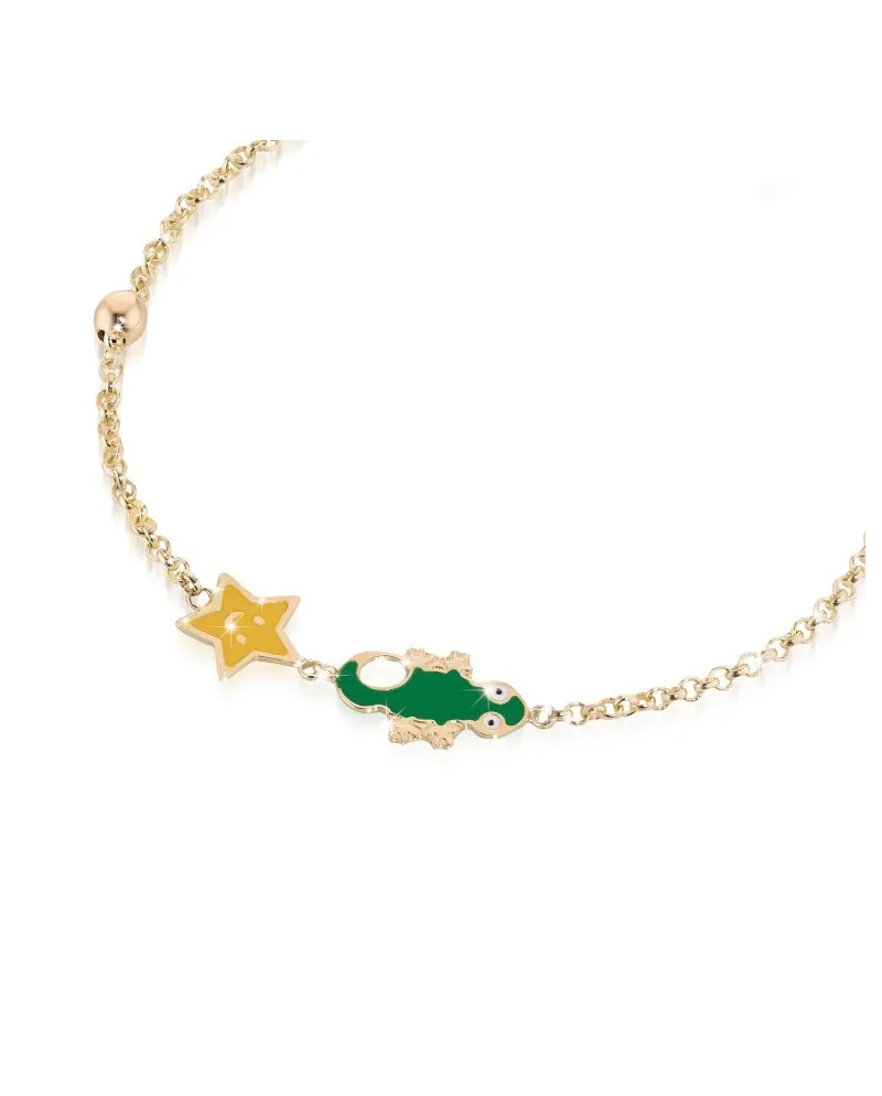 Bracelet Le bebé primegioie fortuna en or, petite étoile et gecko en émail coloré