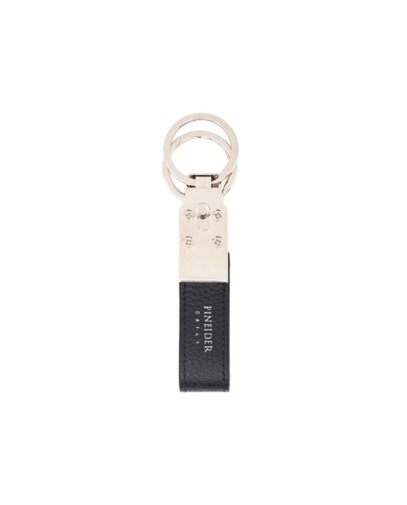 Pineider Daily Double Keyring in Tumbled Black Leather