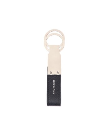Pineider Daily Double Keyring in Tumbled Black Leather