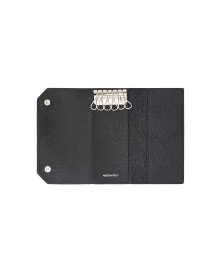 Pineider Daily Keyring in Tumbled Black Leather with 6 Rings
