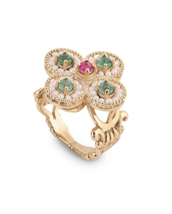 Gerardo Sacco Ring Gold Embroidery with Pearls and Precious Stones