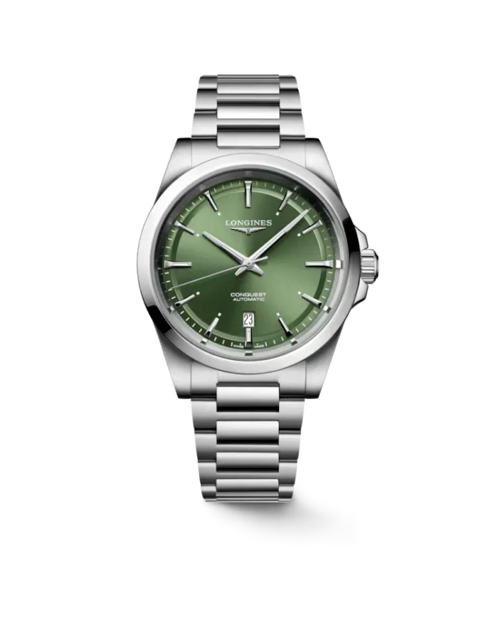 Longines Conquest watch with Green Dial and 41 mm Steel Strap