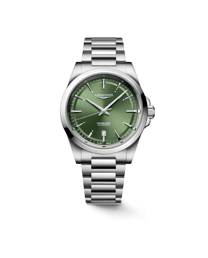 Montre Longines Conquest avec cadran vert et bracelet en acier de 41 mm
