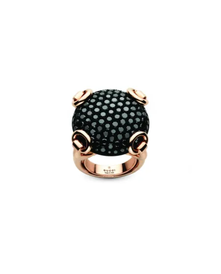 Anello Horsebit in Oro Rosa con Diamanti Neri e Corindone Nero