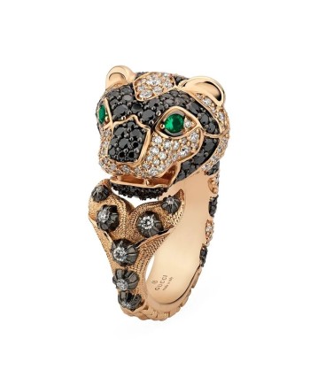 Bague Gucci Le Marché des Merveilles en or rose, diamants et émeraudes à tête de tigre