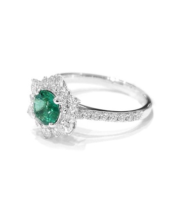 Anello Crivelli in Oro Bianco con Diamanti e Smeraldo Tondo