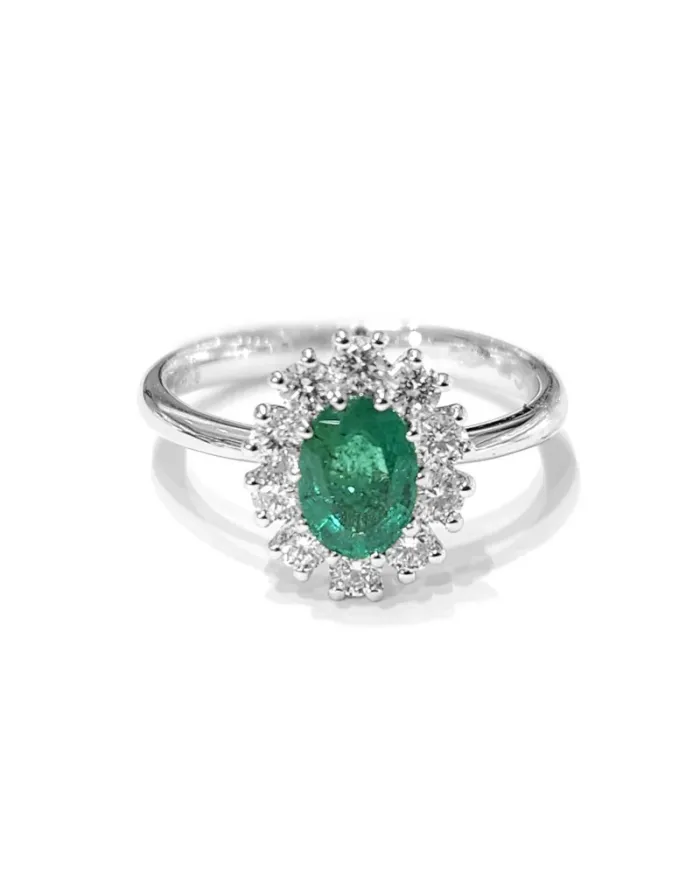 Crivelli Ring in White Gold with Diamonds and Emerald