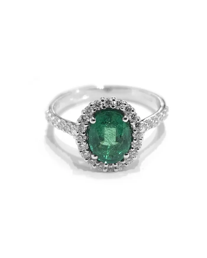 Crivelli Ring in White Gold with Diamonds and Emerald