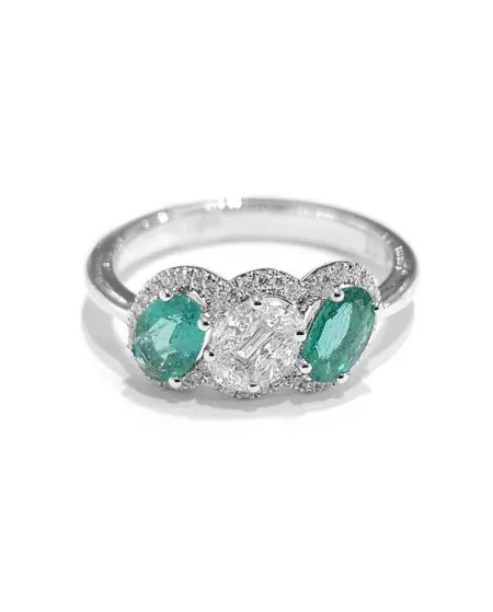 Anello Crivelli in Oro Bianco con Diamanti e Smeraldi Ovali