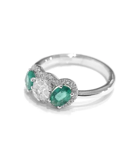 Anello Crivelli in Oro Bianco con Diamanti e Smeraldi Ovali
