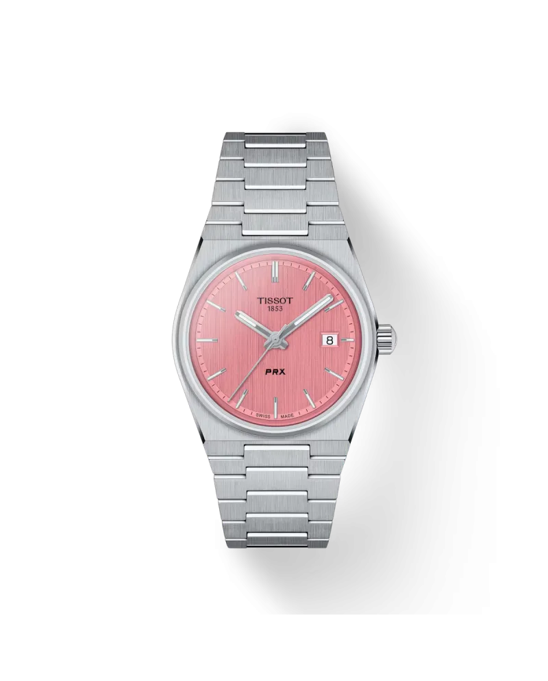 Tissot PRX watch with pink dial and 35 mm steel bracelet