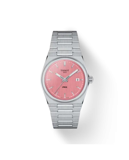 Tissot PRX watch with pink dial and 35 mm steel bracelet