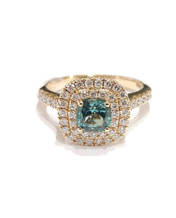 Bague Crivelli en or rose avec diamants et émeraude taille coussin