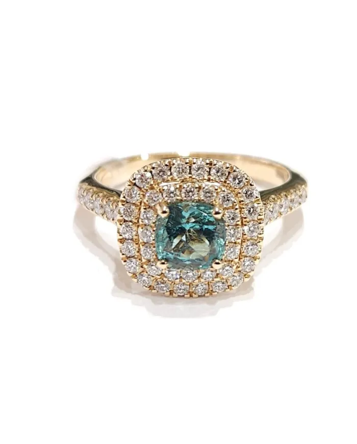 Bague Crivelli en or rose avec diamants et émeraude taille coussin