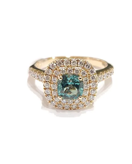 Bague Crivelli en or rose avec diamants et émeraude taille coussin