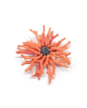 Spilla Malafimmina in Argento con Corallo Arancio e Labradorite