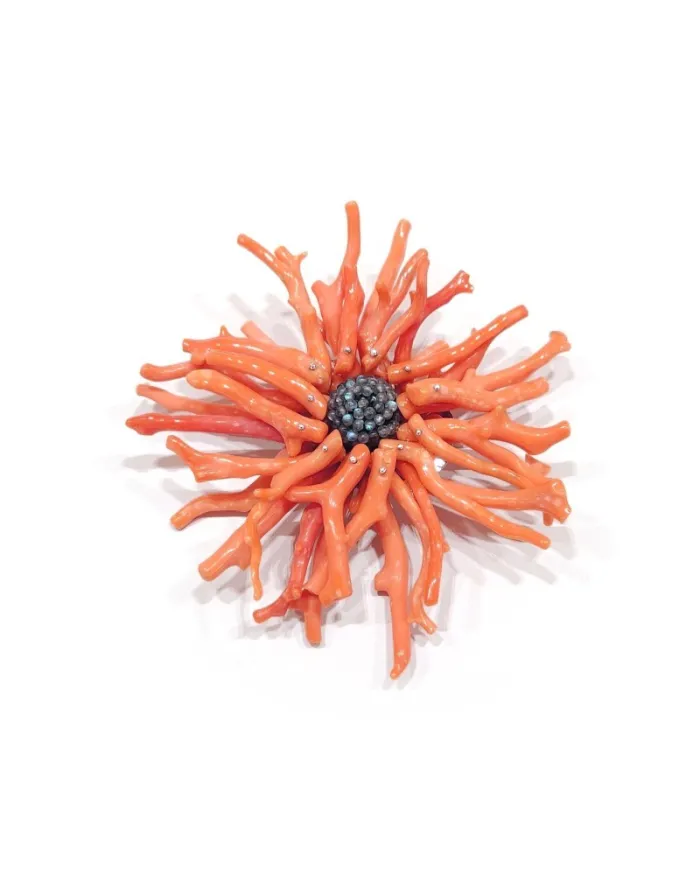 Spilla Malafimmina in Argento con Corallo Arancio e Labradorite